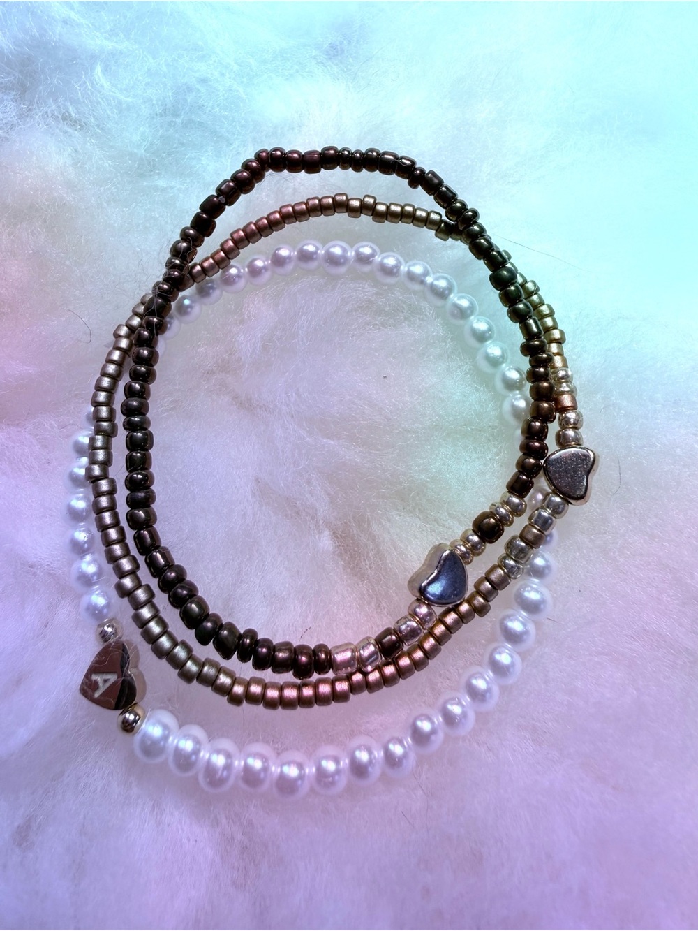 Pearl and Metallic Bead Heart Stretch Bracelet Set - Neutral Tones